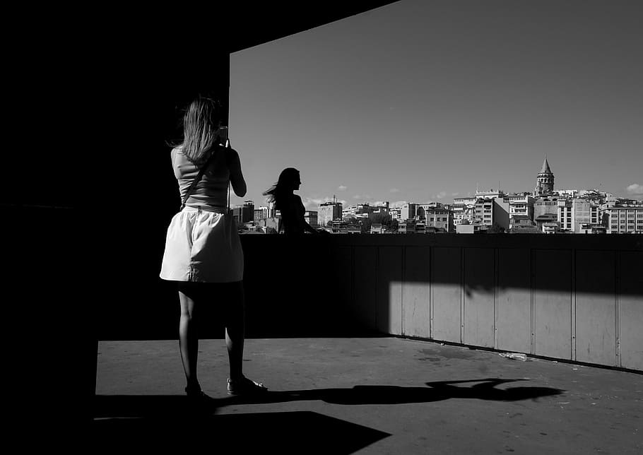 galata, women's, shadow, reverse light, black and white, architecture HD wallpaper