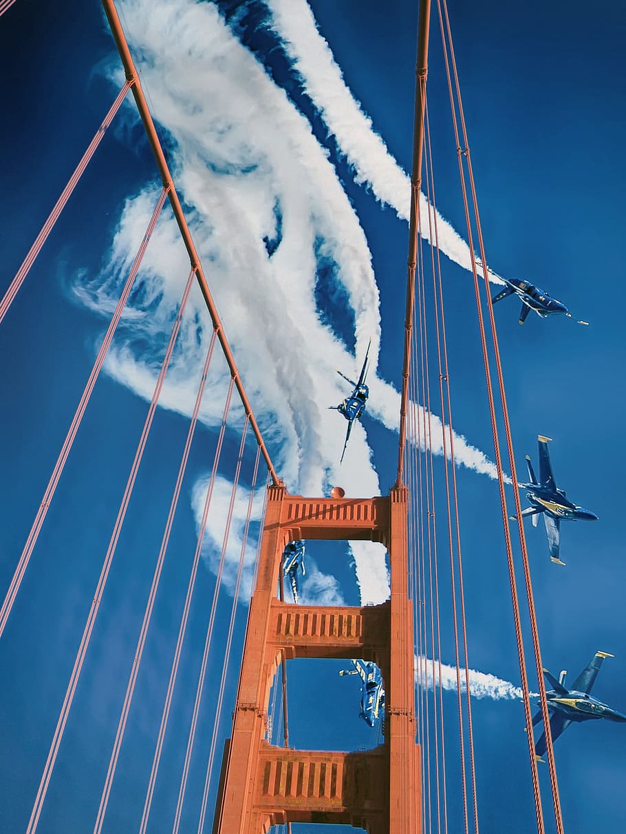 extension bridge, blue angels, sky, jets, air show, san francisco, HD wallpaper