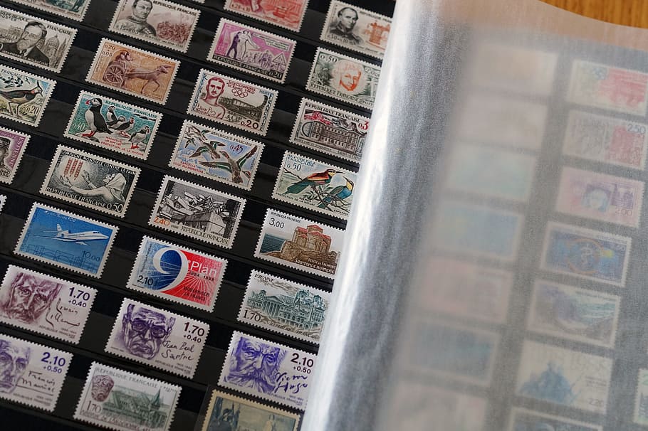 closeup photo of postage stamp collection, stamps, french stamps