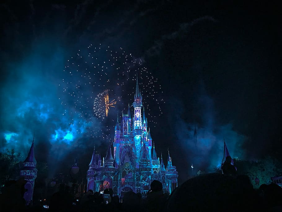 crystal castle with fireworks at night, Disneyland fireworks during nighttime, HD wallpaper