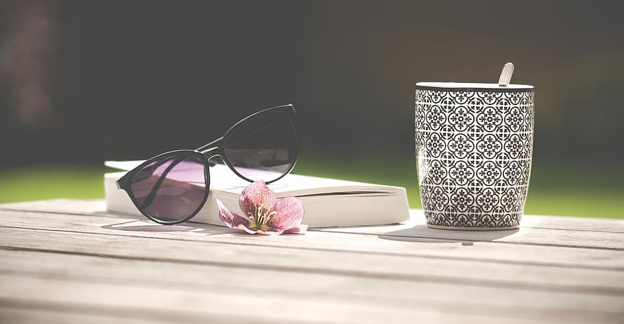 white and black ceramic cup on table, sunglasses, mug, tea HD wallpaper