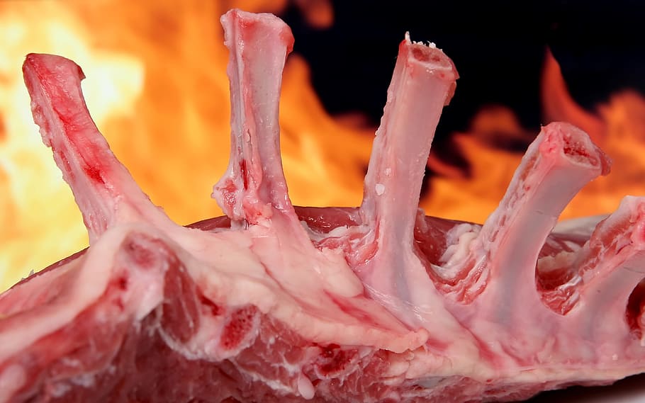 closeup photography of raw meat besides fire, abstract, american HD wallpaper