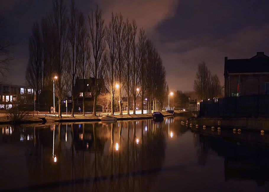 lead, city, night, dutch, channel, illuminated, water, architecture HD wallpaper