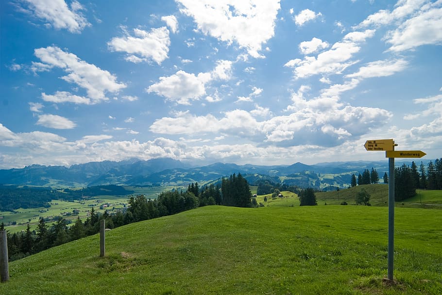 cloudscape, landscape, alps, hiking, sky, summer, blue, nature HD wallpaper