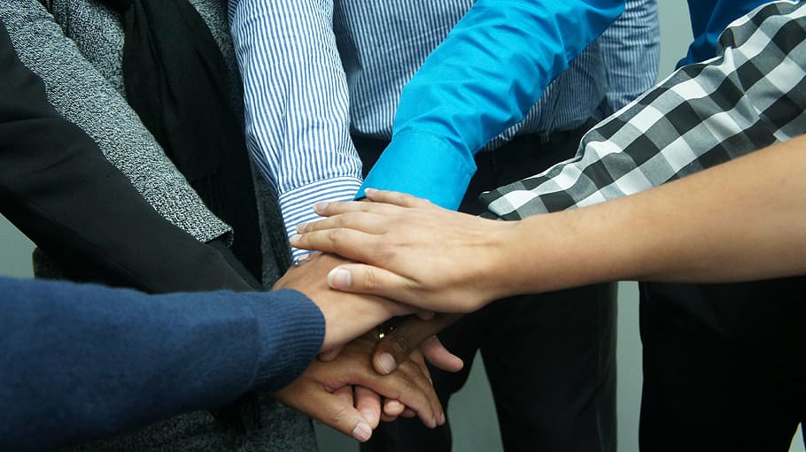 person wearing blue long-sleeved tops, teamwork, co-workers HD wallpaper