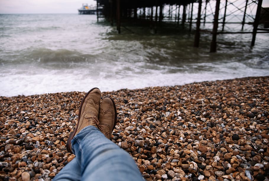 Person Wearing Blue Denim Pants and Brown Boots Sitting on Brown and Black Stone in Front of Body of Water HD wallpaper