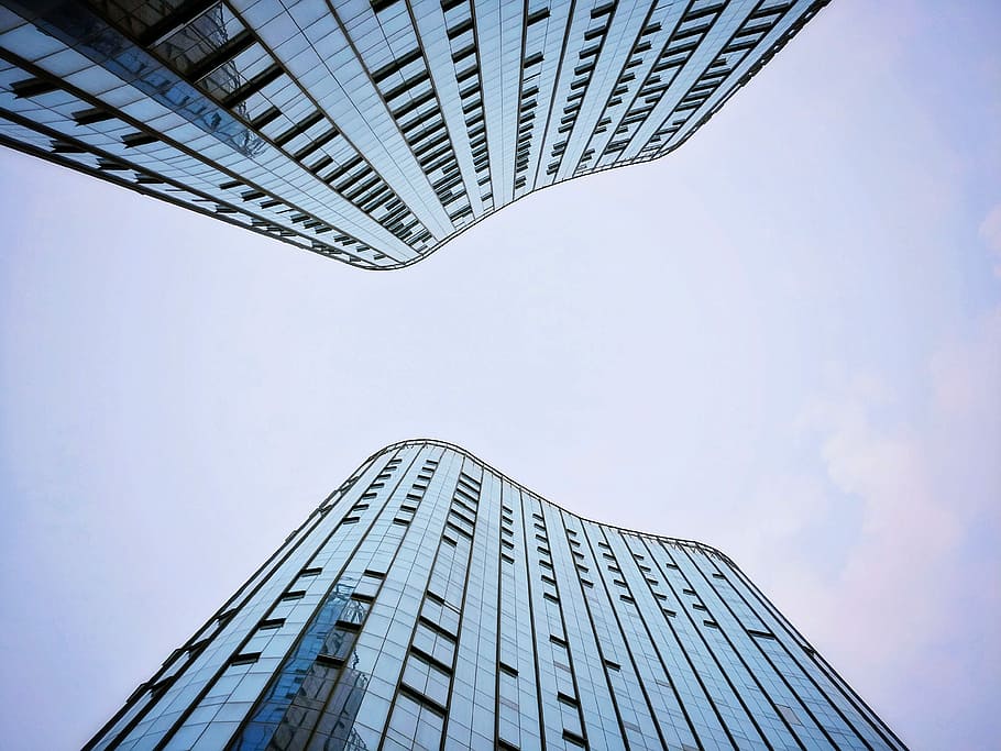 worm's eye view of building, two high rise buildings low angle photography HD wallpaper