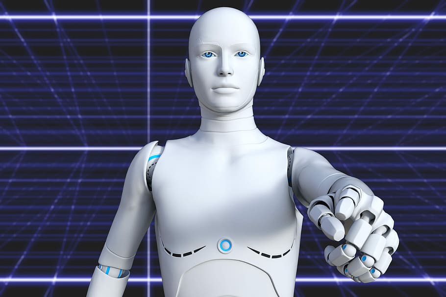 pointing robot figure, cyborg, futuristic, android, cybernetics HD wallpaper