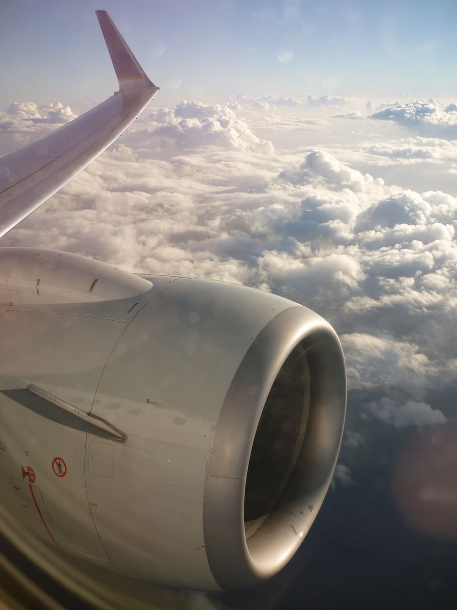 aircraft, sky, clouds, engine, fly, flight, travel, blue, windows HD wallpaper