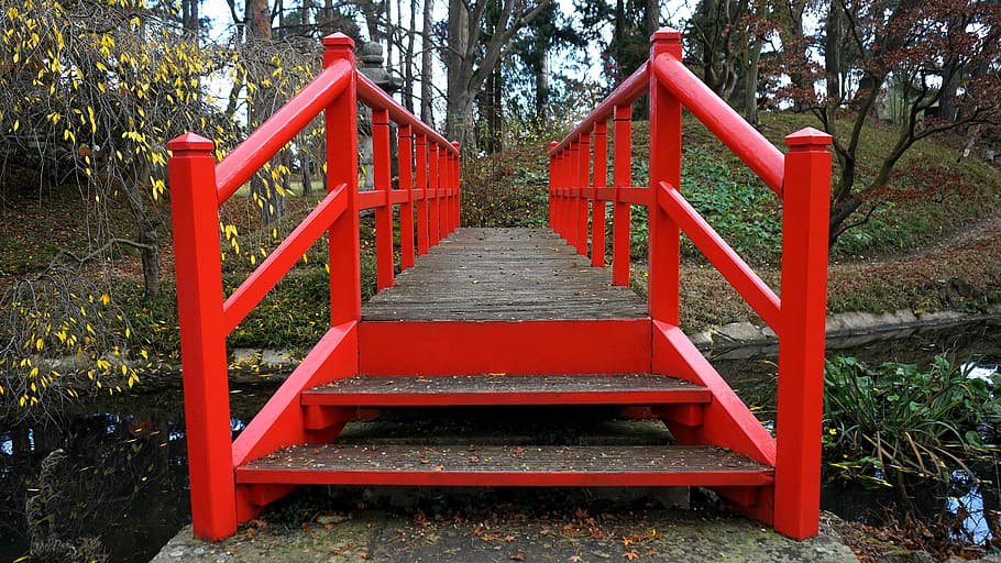 Hd Wallpaper: Red Bridge Over River, Walkway, Wooden, Path, Outdoor 