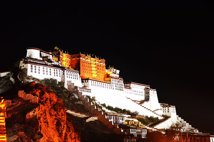 white temple, Tibet, Lhasa, Night View, the potala palace, photography, HD wallpaper