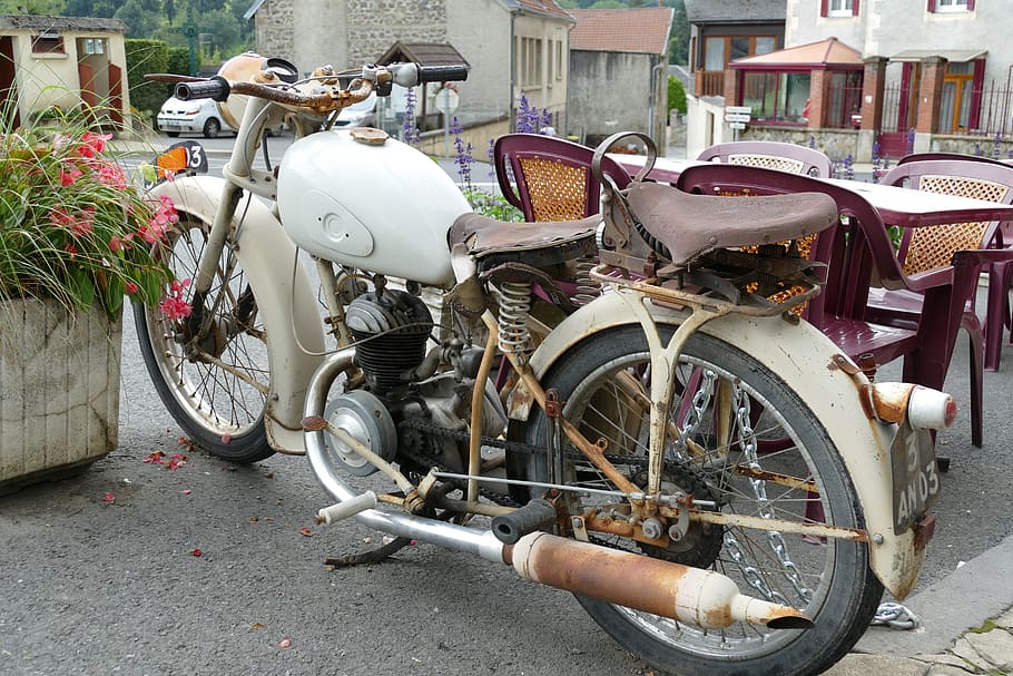 motor, motorcycle, old, antique, vintage, bicycle, classic HD wallpaper