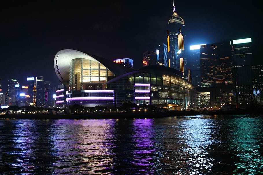 building near body of water, hong kong, central, night view, victoria beach, HD wallpaper