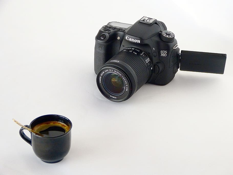 Black Canon Dslr Camera in Front of Coffee in Black Ceramic Teacup HD wallpaper