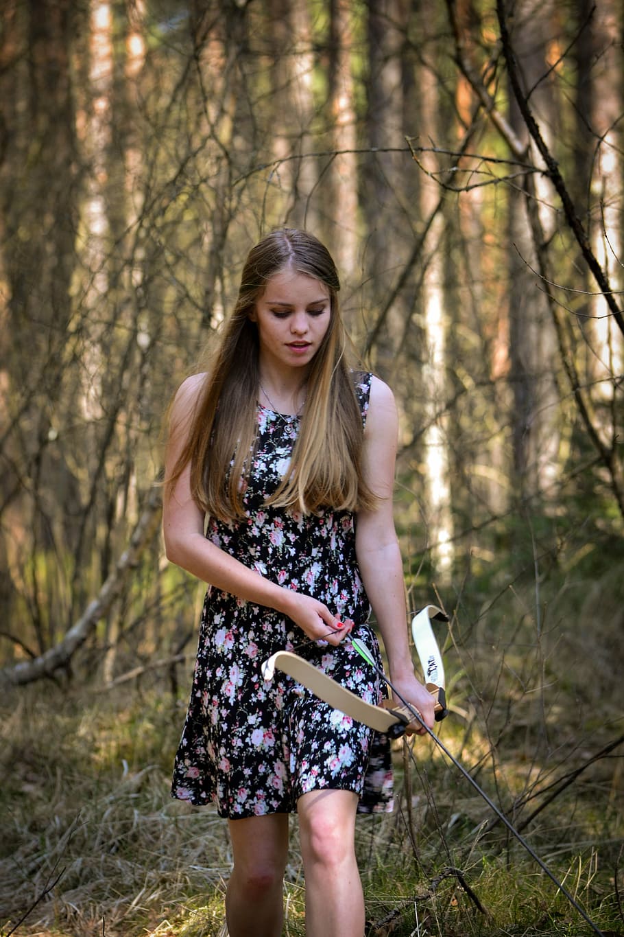 forest, bow, lady, beauty, young, woman, girl, nature, person HD wallpaper