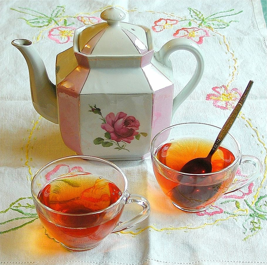 tea, beverage, drink, cups, table, table cloth, teapot, hot HD wallpaper