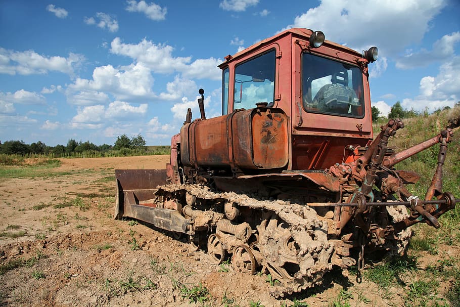 tractor, crawler tractor, old technique, transportation, cloud - sky HD wallpaper