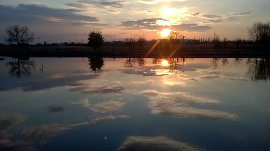 sunset, landscape, mirror, nature, reflection, lake, water HD wallpaper