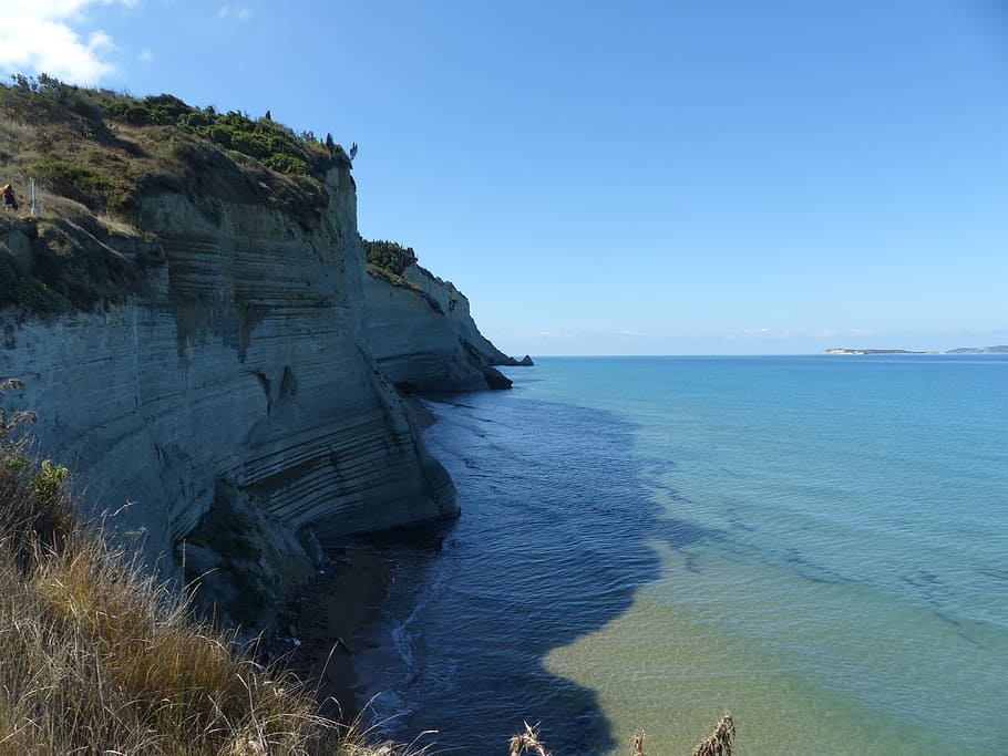 corfu, perulades, cliff, sea, sky, water, land, beach, beauty in nature HD wallpaper