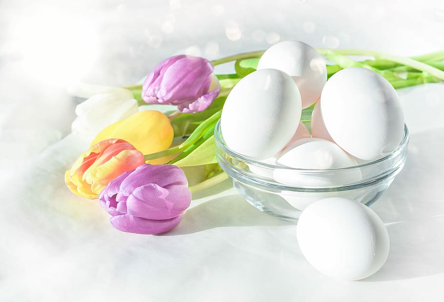 white eggs in clear glass bowl, easter, flower, desktop, healthy HD wallpaper