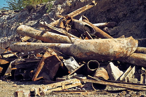 large gray metal tubes on heavy equipment, garbage, debris HD wallpaper