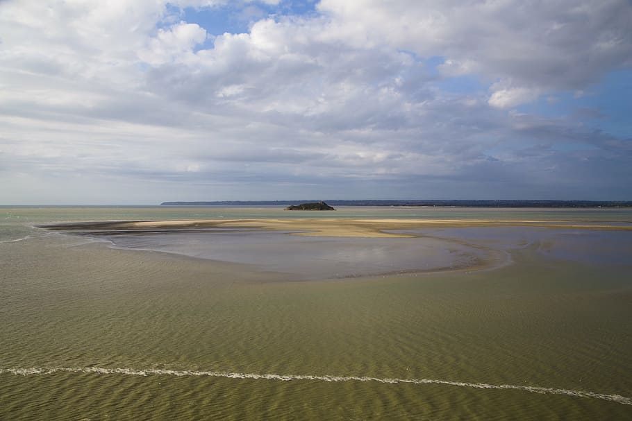 normandy, beach, water, scenery, mont st-michel, france, cloud - sky HD wallpaper