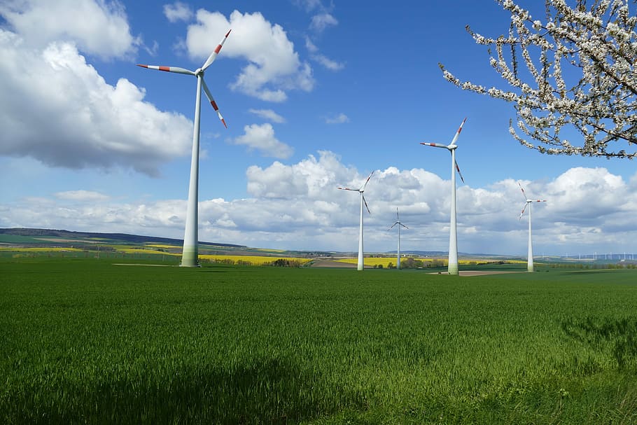 Wind Power, Landscape, Clouds, Sky, green, blue, beautiful HD wallpaper