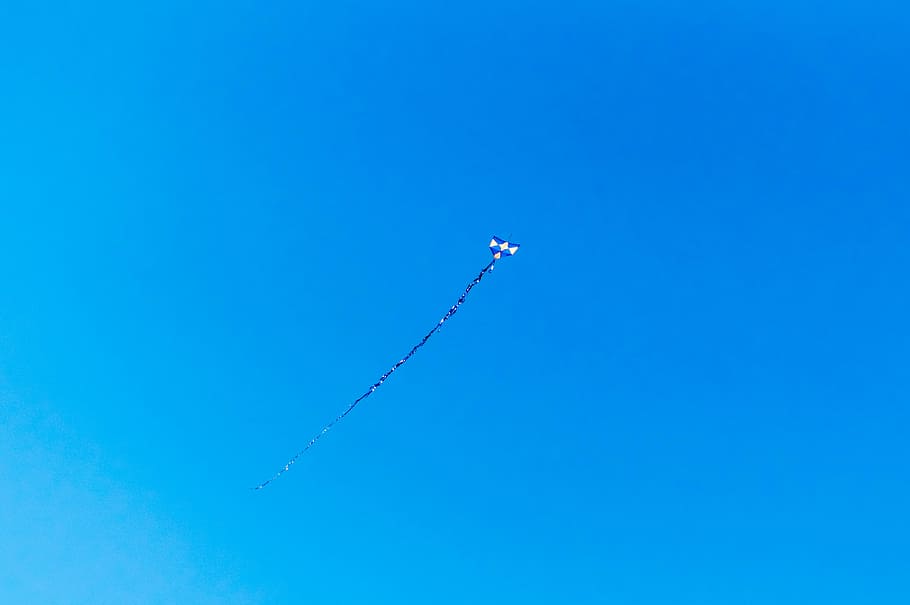 white and blue kite flying on clear sky, photo of blue and white kite HD wallpaper