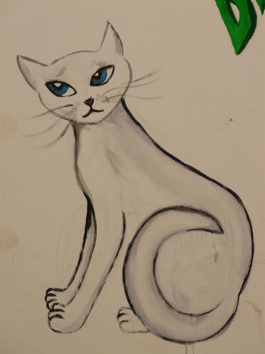 white cat with blue eyes illustration, drawing, image, painting HD wallpaper
