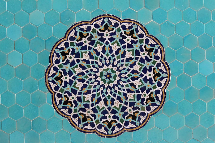 digital wallpaper of green and white flower, iran, isfahan, mosque