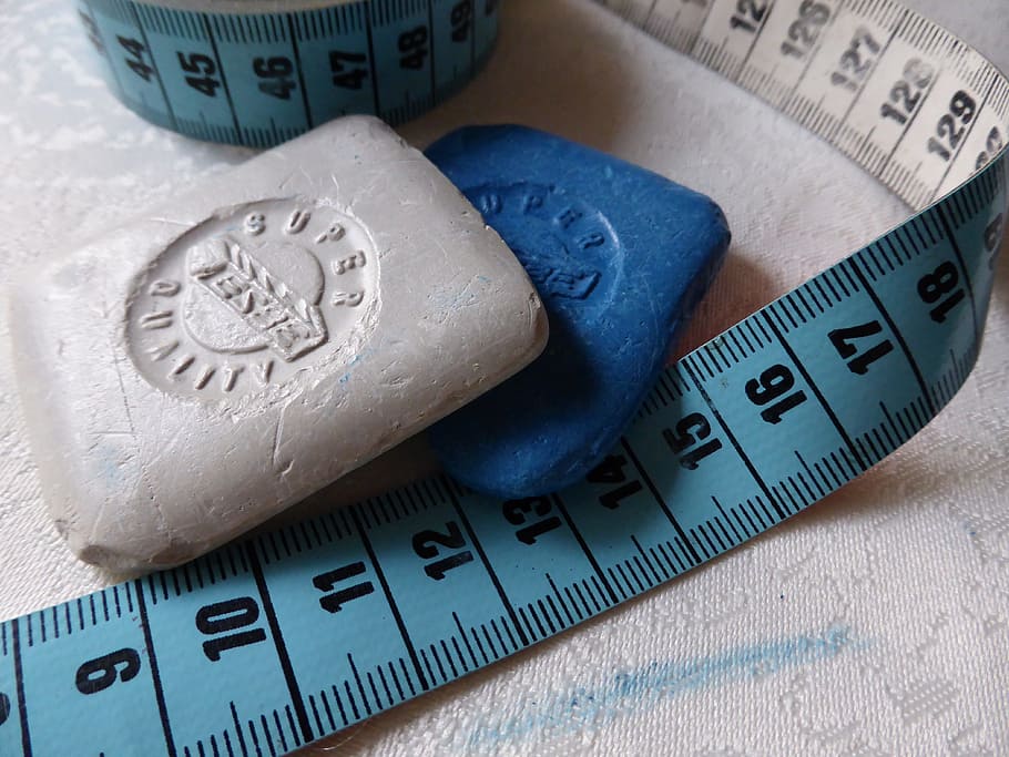 two blue and gray soap beside measuring tape, tailor's chalk, HD wallpaper