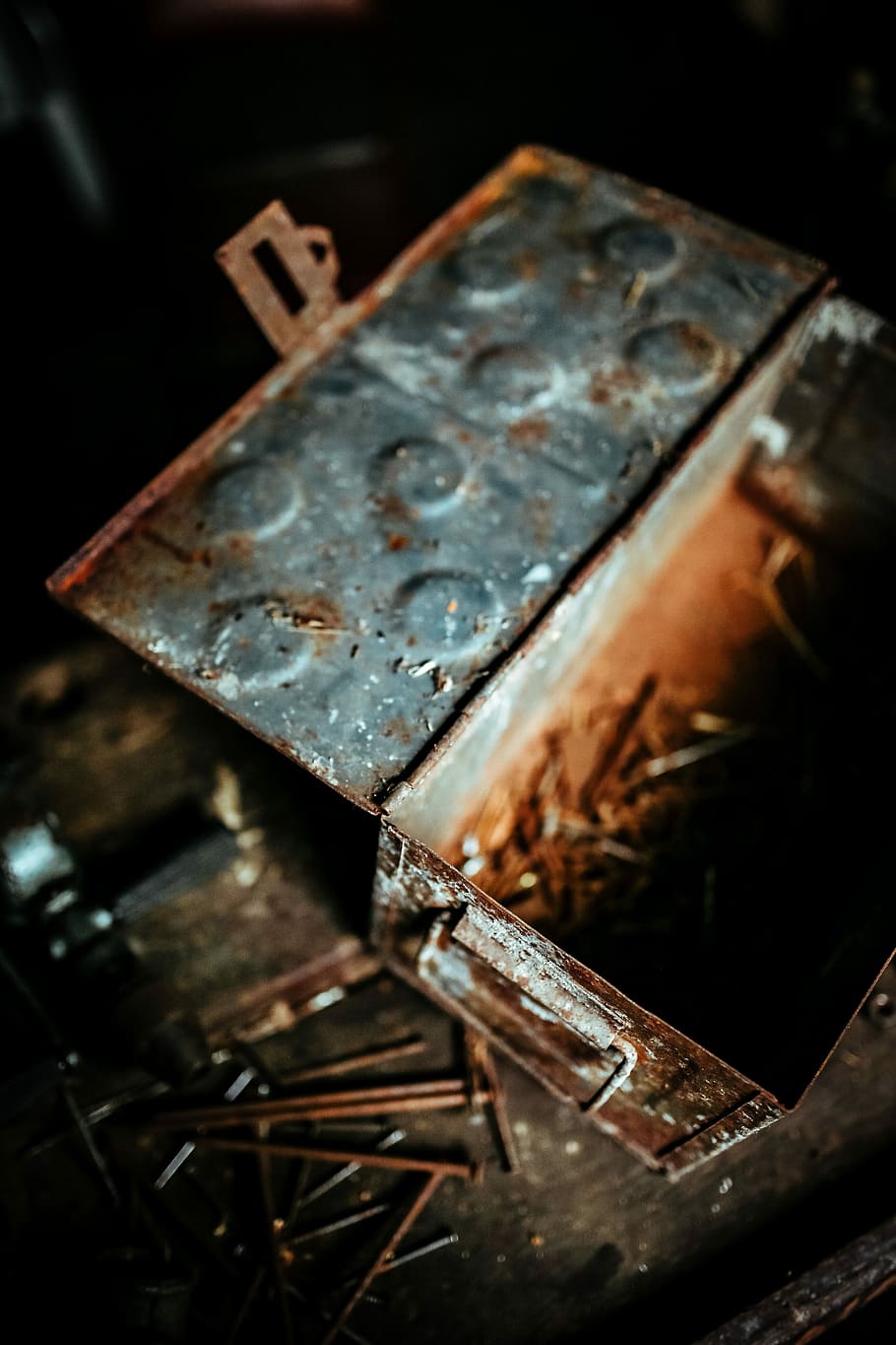 Old boxes in a workshop, nails, wooden, metal, garage, rusty