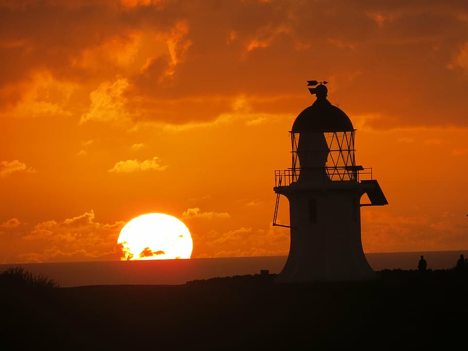 sunset, lighthouse, evening, silhouette, landmark, travel, new zealand HD wallpaper