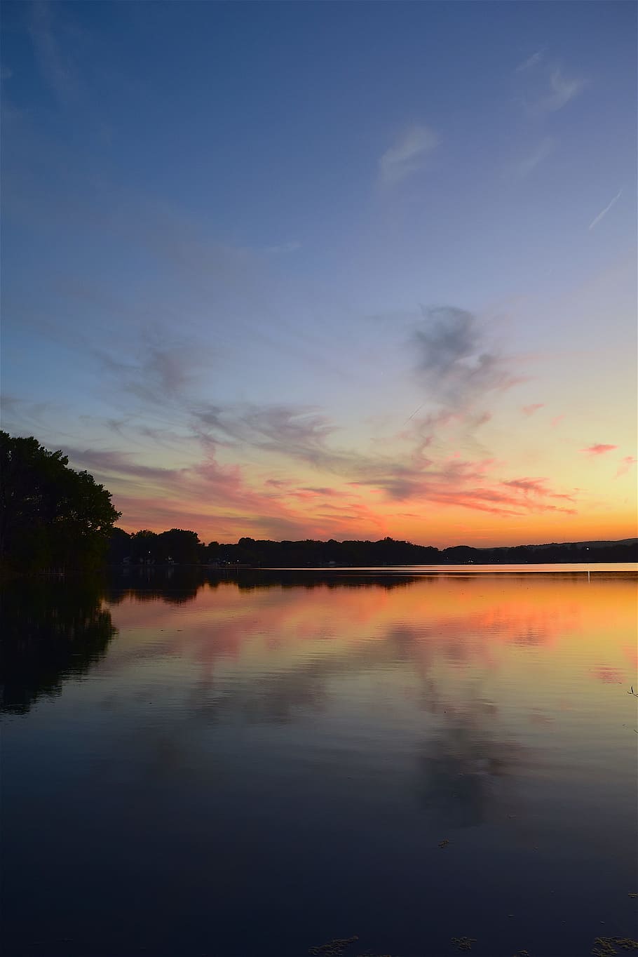 sunset, lake, clouds, pink, sky, blue, nature, trees, summer HD wallpaper