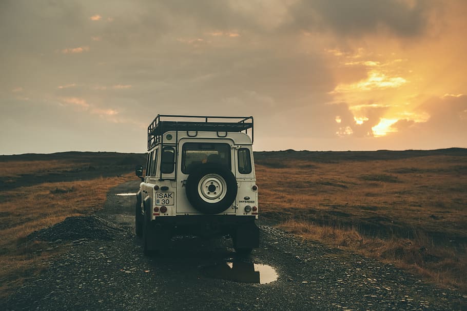 white wrangler on road during sunset, white vehicle between yellow grass field, HD wallpaper