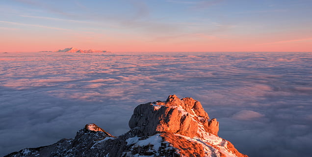 top view of top of the mountain, sunset, clouds, sky, background HD wallpaper