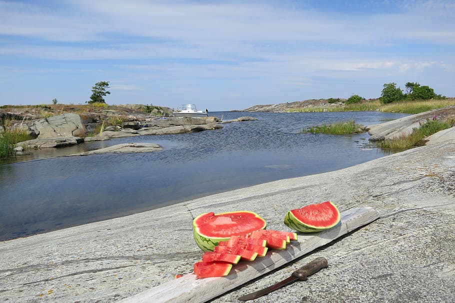 watermelon, natural harbor, cliff, sea, beach, nature, sky HD wallpaper