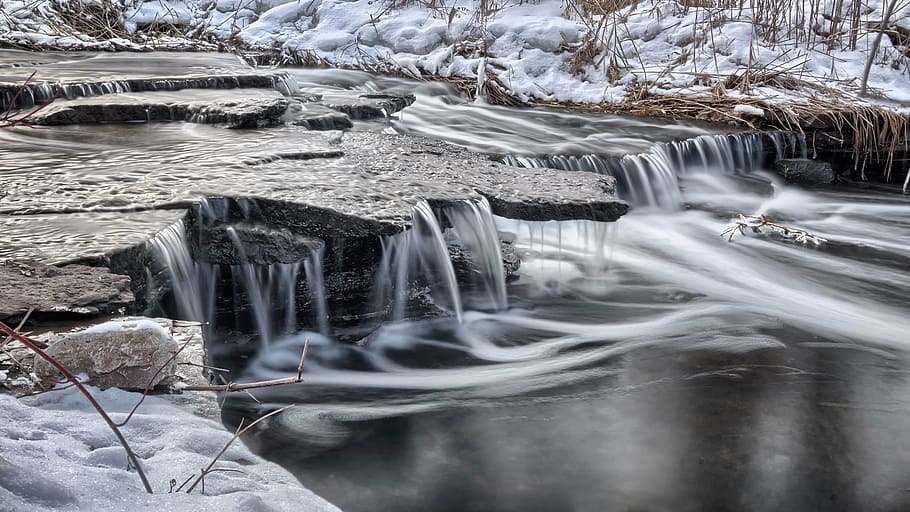 landscape photography of waterfalls surrounded by snow, cold HD wallpaper