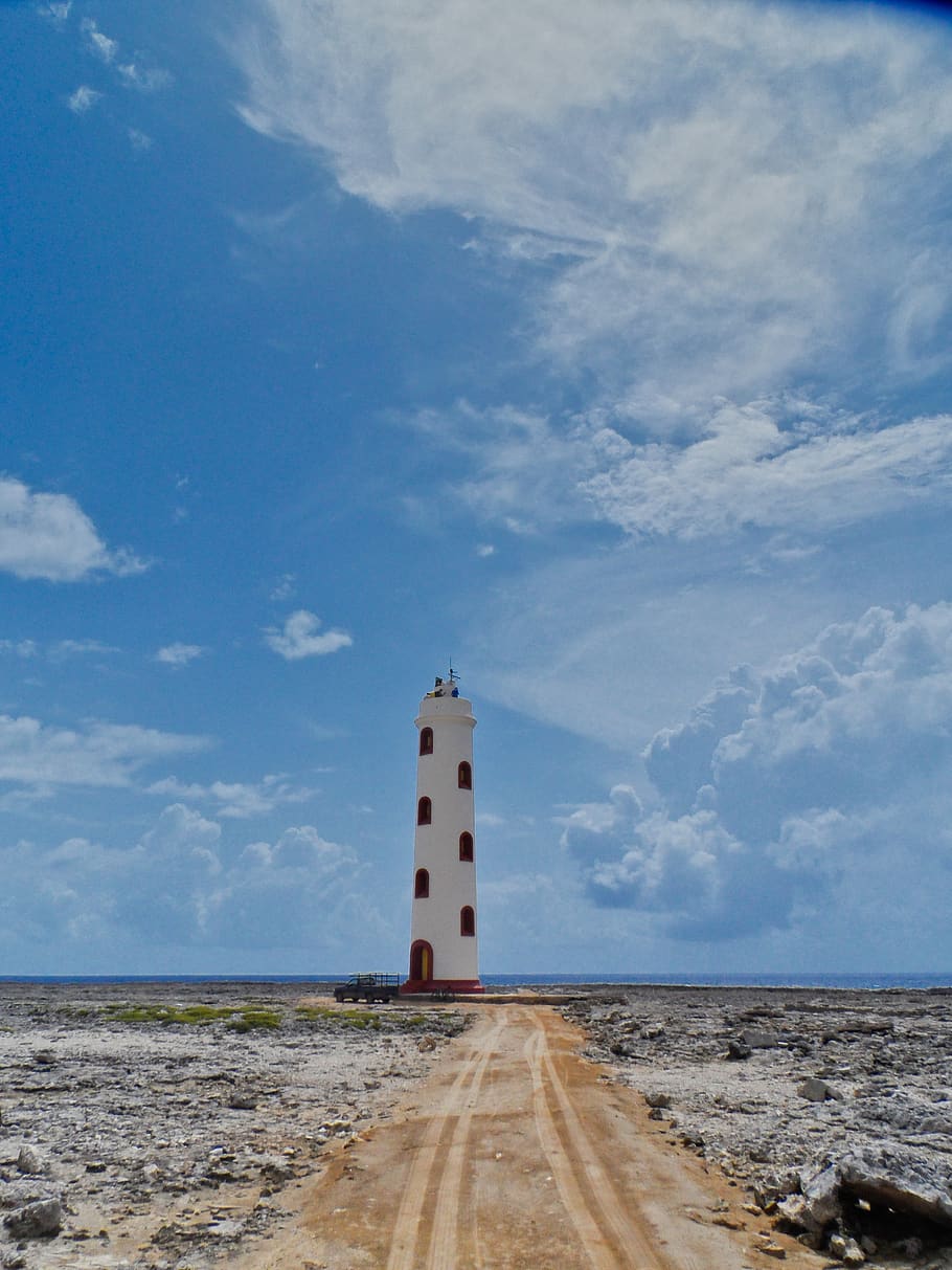 lighthouse, coast, bonaire, sky, cloud - sky, land, tower, nature, HD wallpaper