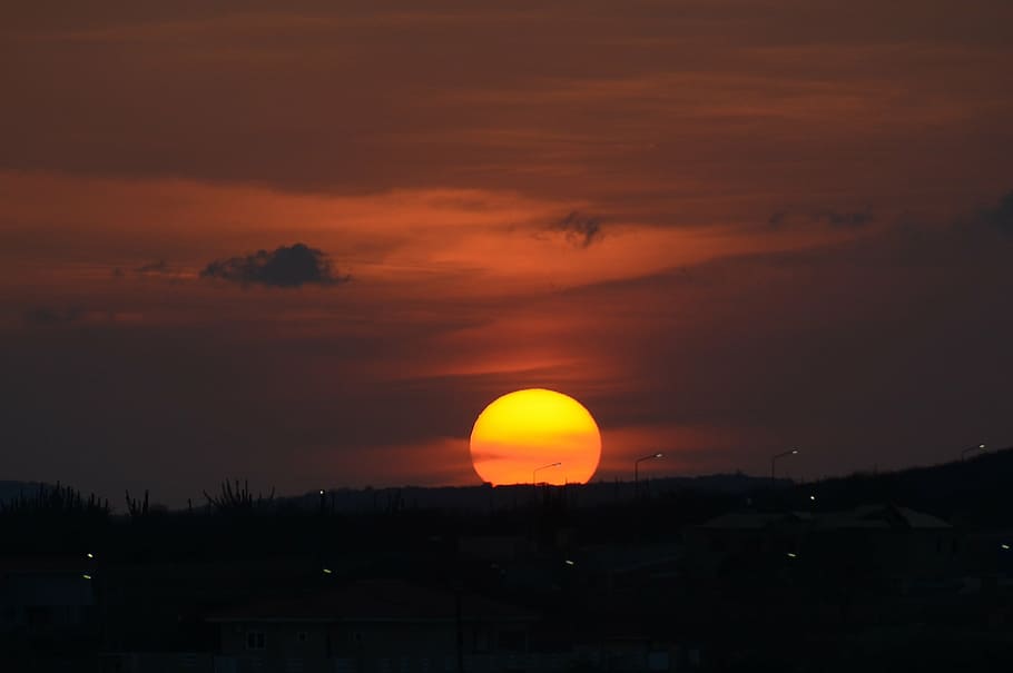 sunset, big mountain, curacao, sky, orange color, beauty in nature HD wallpaper