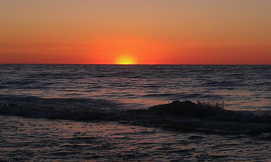 sea, water, wave, sun, sunset, abendstimmung, beach, nature HD wallpaper