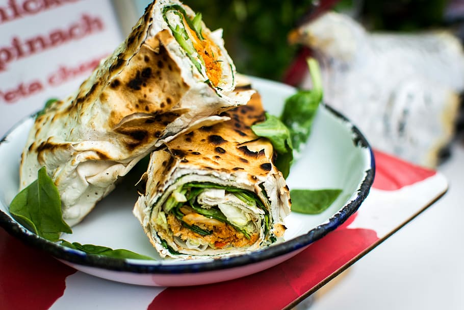 Healthy vegetarian wrap with spinach, colorful, London, food