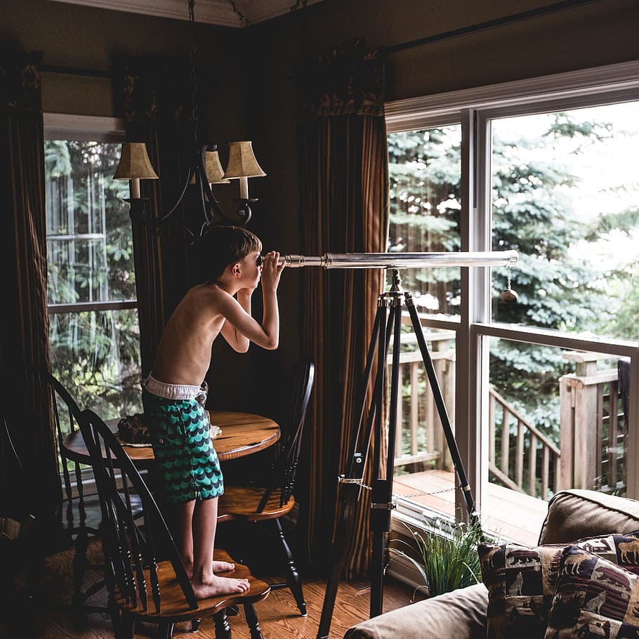 boy looking through telescope at the window, people, man, kid HD wallpaper