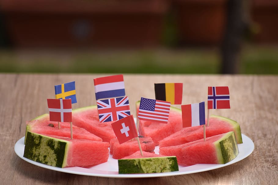 watermelon, plate, served, flags, world, fruit, healthy, food HD wallpaper