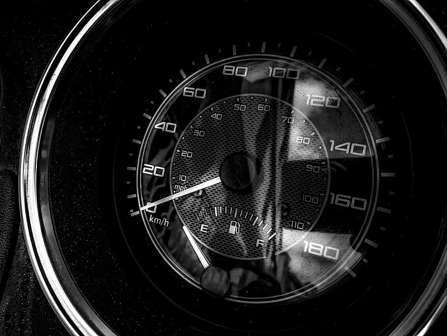 close-up grayscale photography of vehicle tachometer, table HD wallpaper