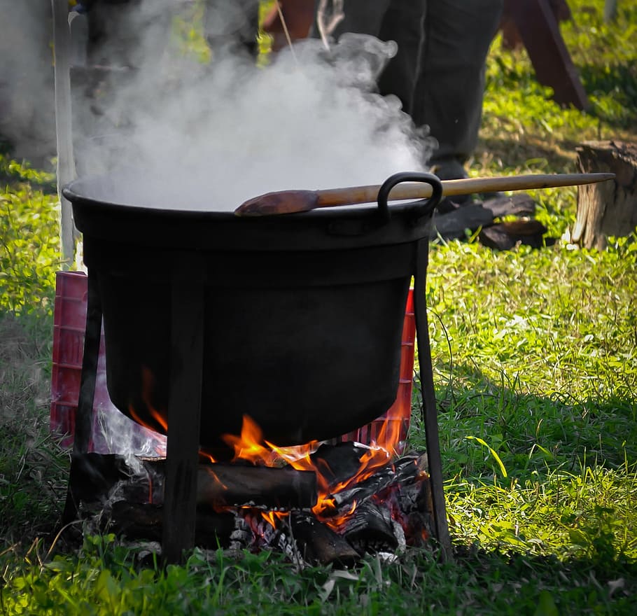 black cooking pot with laddle, kettle, cauldron, preparation HD wallpaper
