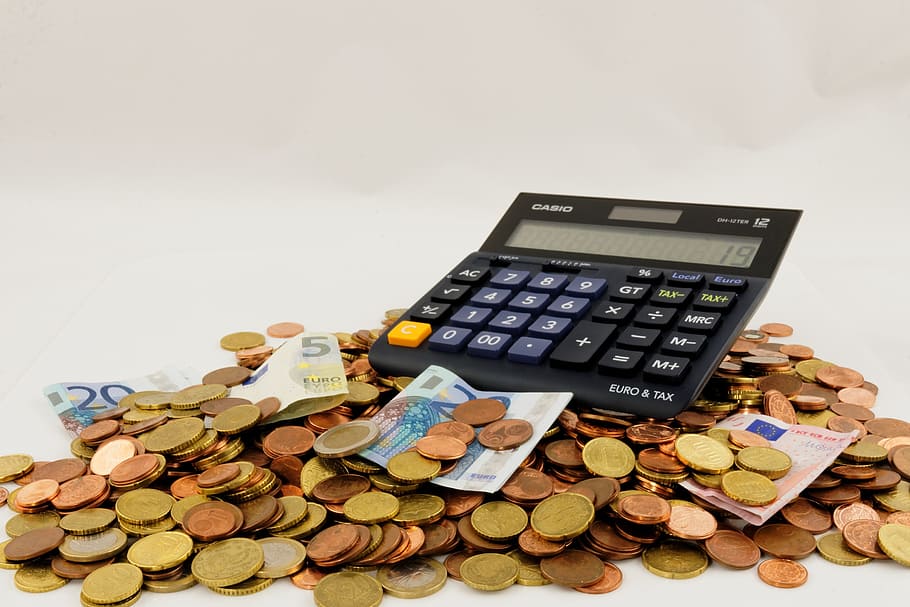 black calculator with round coin lot, euro, seem, money, finance