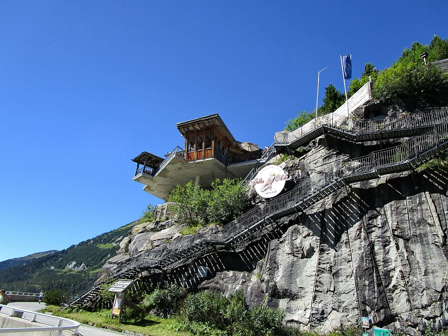 house on top of gray rock formation, ziller basic, reservoir HD wallpaper