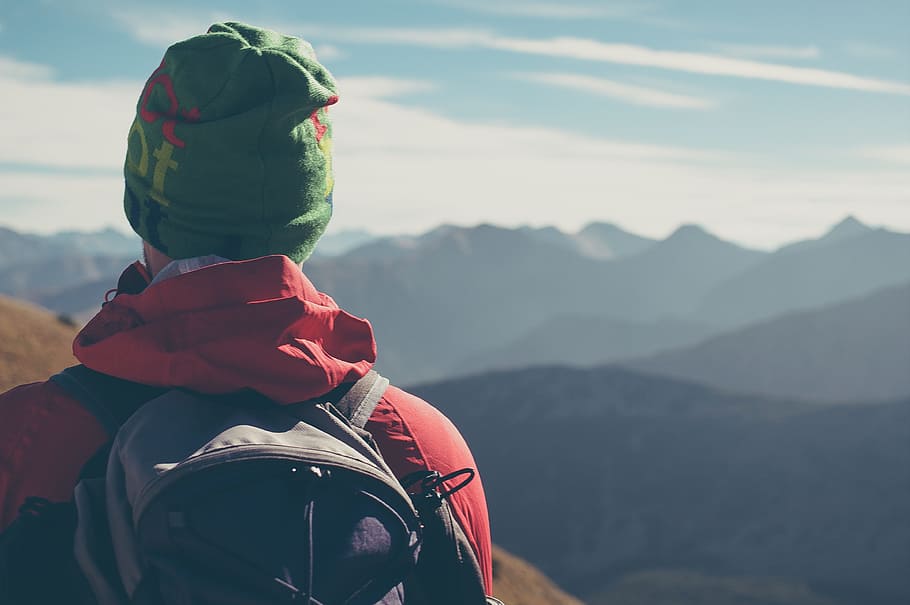 clouds, sky, mountain, valley, peak, summit, people, man, mountaineer HD wallpaper