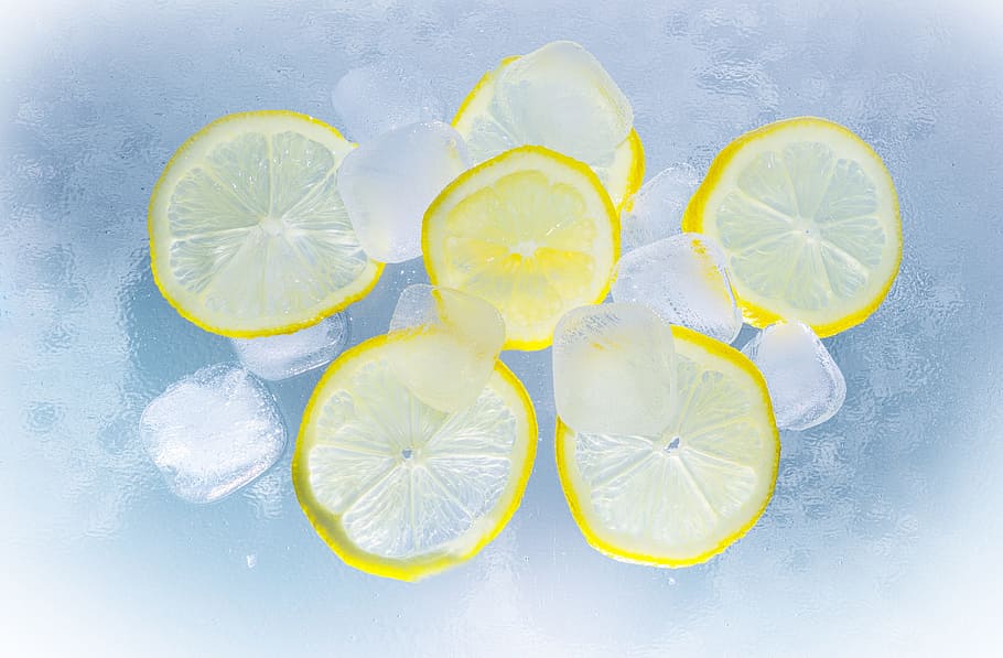 Sliced Lemon on Ice Water, citrus, citrus fuit, cold, ice cubes